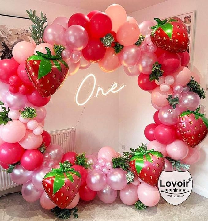 4 Pcs Strawberry Balloons 24 Inch, Fruit Strawberry Balloons Mylar Foil Cute Strawberry Balloons for Fruit Themed Birthday Party Decorations Supplies
