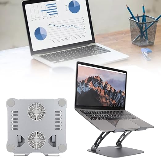 Aluminum Alloy Laptop Stand With Cooling Fan, PC Stand,Tablet Stand, Foldable,USB Connection,Adjustable Height Up to 16’’,Strong Cooler Stand,Suitable for Office,WFH,Business Trips (Silver)
