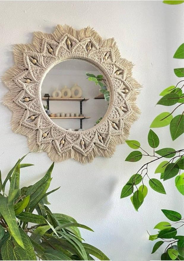 Handmade Macrame Mirror with Beads, Bohemian, Modern, Decorative, Wall Hanging, Home Decor, Boho, Round, Wooden Frame, Living Room, Bedroom, Dining Room, Entryway, Hallway, Office, Nursery