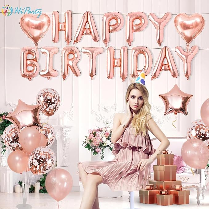Pink Rose Gold Birthday Decorations, 3D Mylar Foil Happy Birthday Banner and 18 inch Big Heart Star Confetti Latex Balloons, Ecofriendly Party Decorations Supplies for kids Girls Women