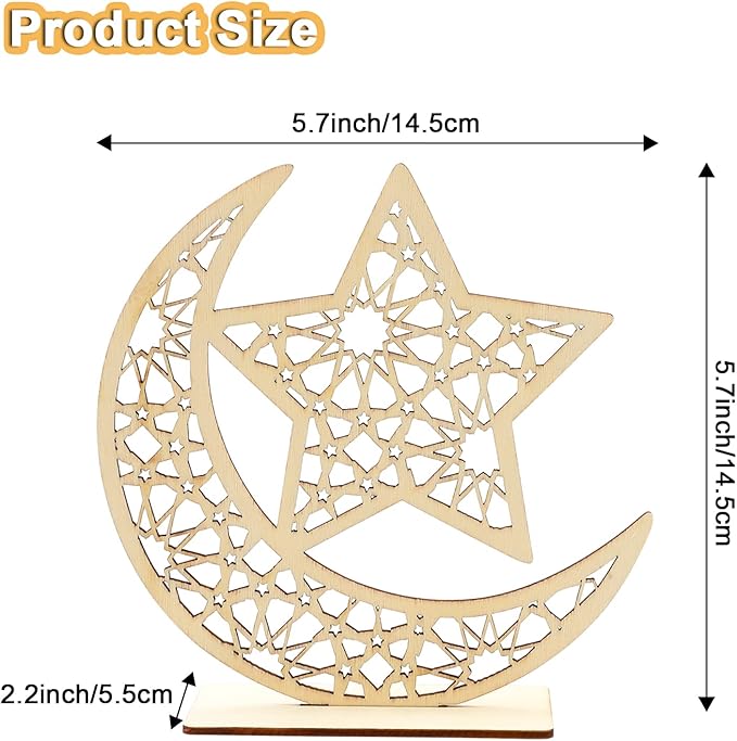 HOWAF 2 Sets Eid Mubarak Wooden Ornament Ramadan Kareem Hollow Decoration Moon Star Hanging Pendant Happy Eid Wood Tabletop Decor for Home Ramadan Mubarak Eid Decorations
