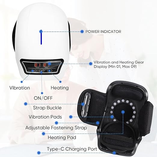 Knee Massager With 9-Levels Heat and Vibration for Pain Relief - Cordless, USB Rechargeable, Electric With LED Screen