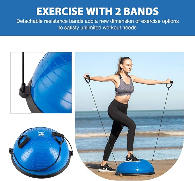 ZELUS Balance Ball Trainer, Non-Slip Balance Ball, Half Ball with Resistance Bands, Gymnastics Ball for Yoga, Fitness, Strength Training, Core Training, Balance Training (Blue)