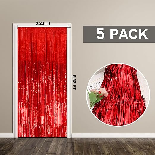 5 Pack Foil Curtain Backdrop Red Metallic Tinsel Foil Fringe Curtains Photo Booth Props for Birthday Wedding Engagement Baby Shower Bachelorette Christmas Holiday Celebration Party Decorations