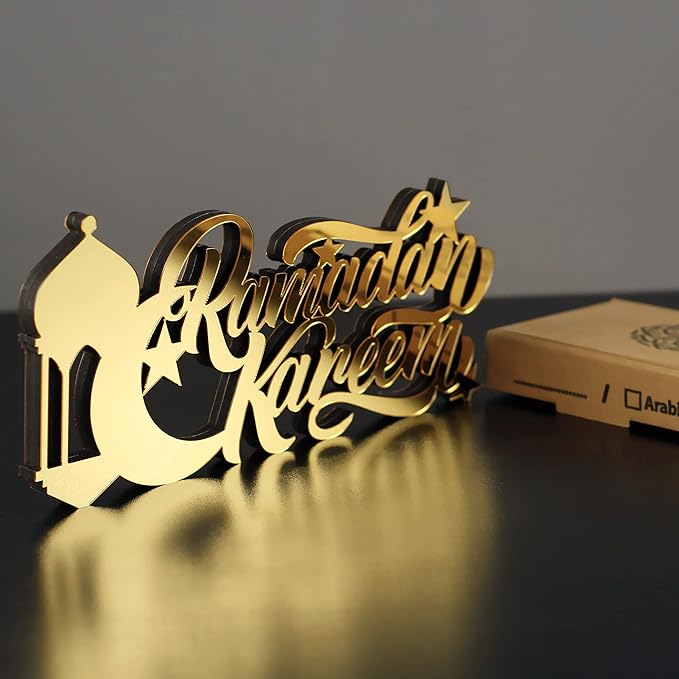 iwa concept | Wooden Acrylic Islamic Tabletop Decors | Ramadan Kareem and Eid Mubarak Decoration | Islamic Muslim Gifts | Ramadan Eid Decoration | (Ramadan Kareem-4, Gold)