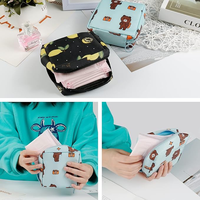 Sanitary Pads Storage Bag, Pack of 2 Reusable Menstrual Cup Bag, Nylon Portable Sanitary Towel Storage Organiser with Zipper for Girls Women (Green)