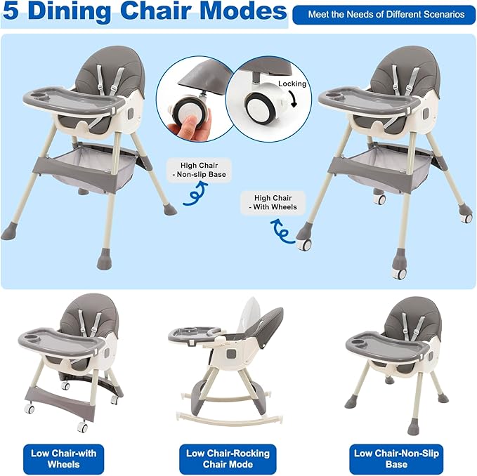 3 in 1 High Chair Baby Foldable High Chair Reclining Reclining Chair Adjustable Height with Table and Wheels