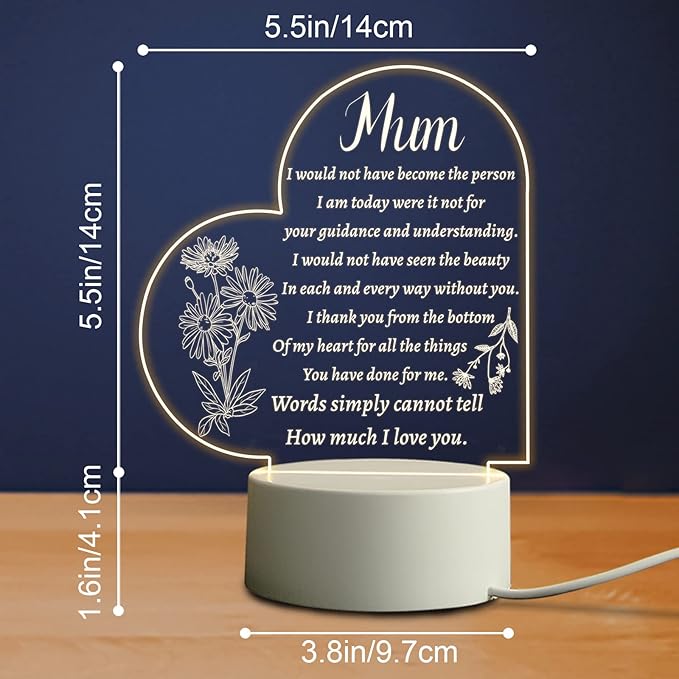 Mothers Day Gifts for Mum from Daughter Son, Mum Birthday Gifts, Acrylic Night Lamp Mum Gifts, Presents for Mum Mum- Heart