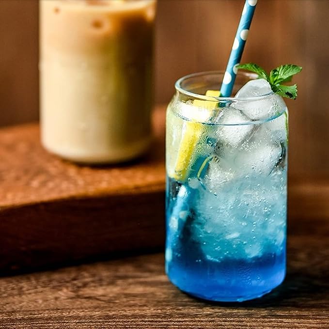 2Pcs Drinking Glasses with Bamboo Lids and Straws, Beer Can Glass Tumbler Glasses Ice Coffee Cup for Milk Coffee Ice Water Cocktail