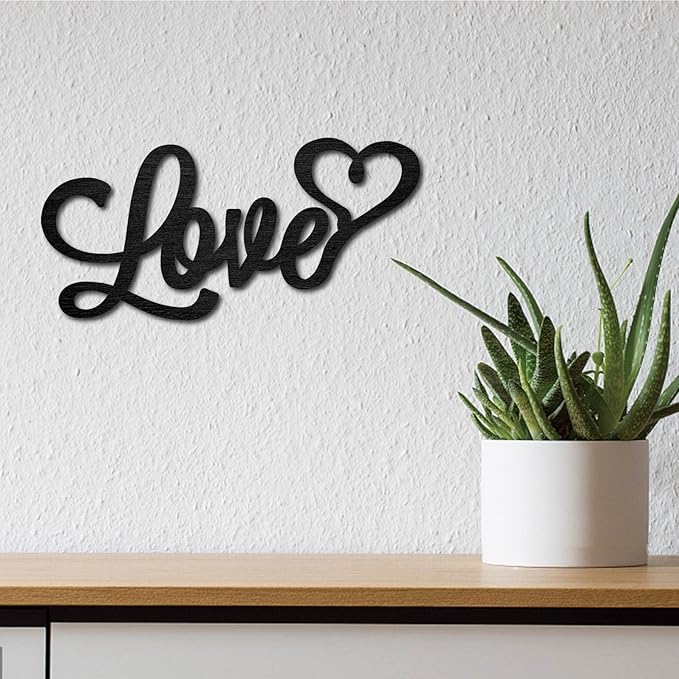CREATCABIN Wood Cutout Love Sign Heart Laser Cut Wooden Wall Decor Sculpture Hanging Decor Wall Art Decoration for Home Gallery Office Front Door Black 9.8" x 4.7"