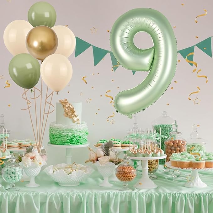 40 Inch Sage Green Number 9 Balloon, Olive Green 9th Birthday Balloons, Retro Sand White Avocado Green Gold Latex Balloons Giant 9 Foil Balloon for Kids Boy Girl 9th Birthday Jungle Party Decorations