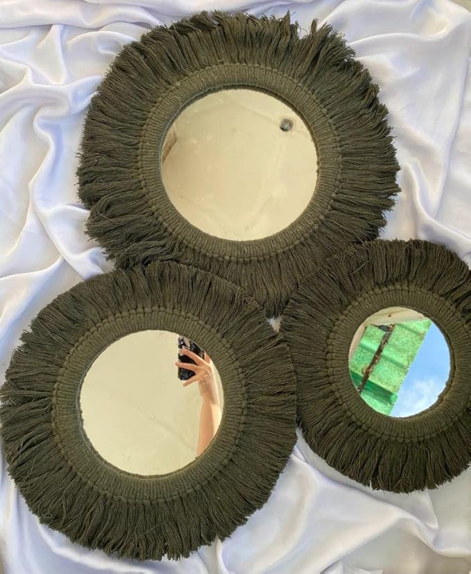 Handmade Macrame Mirror Set 3 Pieces 3 Different Sizes Dark Green Boho Home Room Decor Wall Hanging Gift for Her