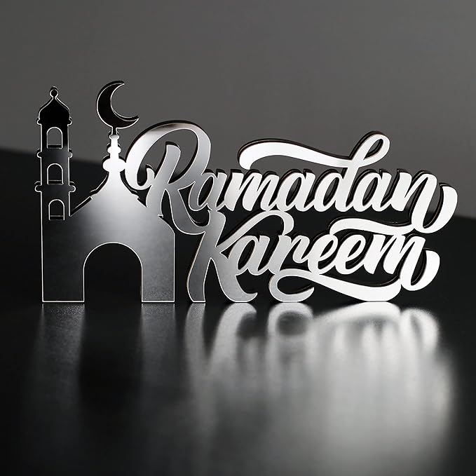 IWA CONCEPT | Wooden Acrylic Islamic Tabletop Decors | Ramadan Kareem and Eid Mubarak Decoration | Islamic Muslim Gifts | Ramadan Eid Decoration | (Ramadan Kareem-3, Silver)