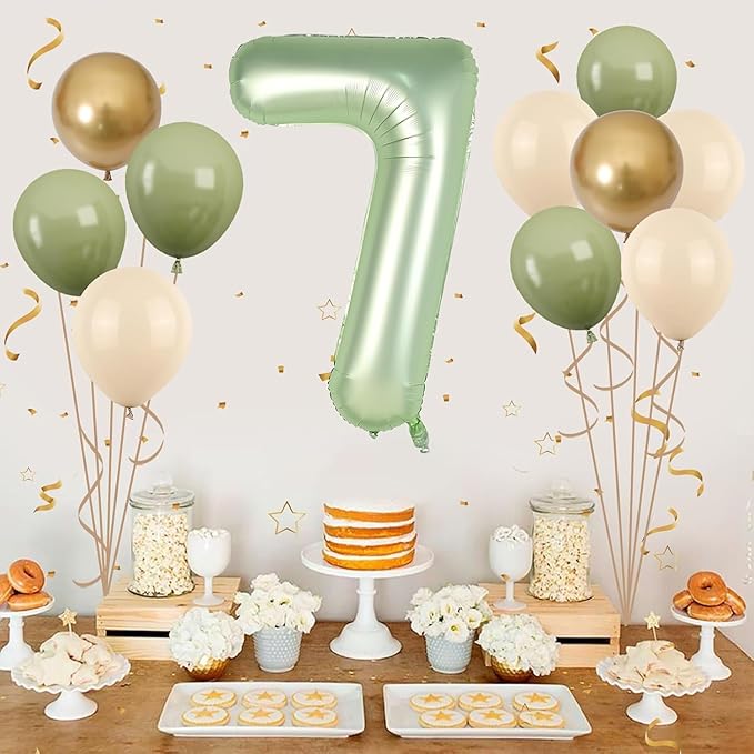 40 Inch Sage Green Number 7 Balloon, Olive Green 7th Birthday Balloons, Retro Sand White Avocado Green Gold Latex Balloons Giant 7 Foil Balloon for Kids Boy Girl 7th Birthday Jungle Party Decorations
