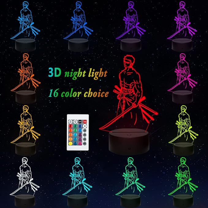 3D LED One Piece Night Light Character Commodity Lamp for Children's Room Home Room Decoration Colourful Night Light Gift for Fans Merch (16 Colours, Roronoa Zoro-A)