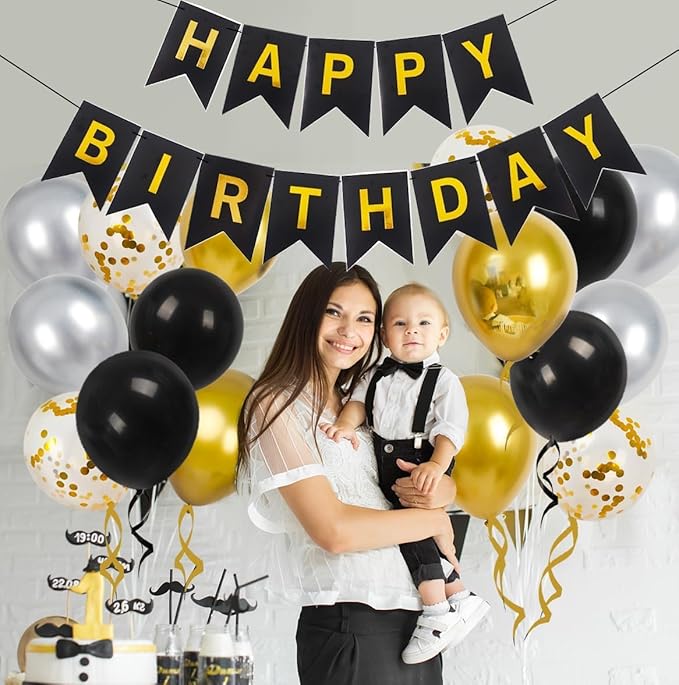 Happy Birthday Party Decorations Set, 16 Pieces 30cm Balloons, Banner, 2 Ribbons (gold)