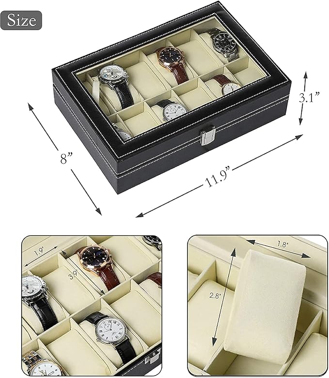 Arabest Watch Organizer Large 12 Slot Watch Display Case Organizer With Glass Lid,Watch Box Organizer For Men, Mens Jewelry Box With Removable Pillow,Black PU Leather