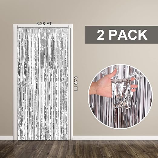 2 Pack Backdrop Silver Metallic Tinsel Foil Fringe Curtains Photo Booth Props for Birthday Wedding Engagement Baby Shower Bachelorette Christmas Holiday Celebration Party Decorations