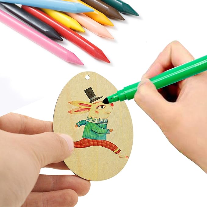 FINROS 50 Pack Easter Egg Wood Slice Ornaments DIY Wooden Egg Shape Crafts Hanging Easter Decorations with Twine for Easter Party Supplies (Egg Cutouts)