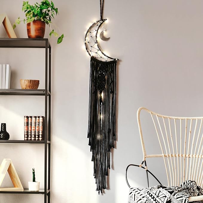 Dremisland Macrame Woven Wall Hanging Moon Dream Catcher- Boho Chic Bohemian Home Decor Wall Art Decor Beautiful Apartment Dorm Room Door Decoration (Moon-Black)