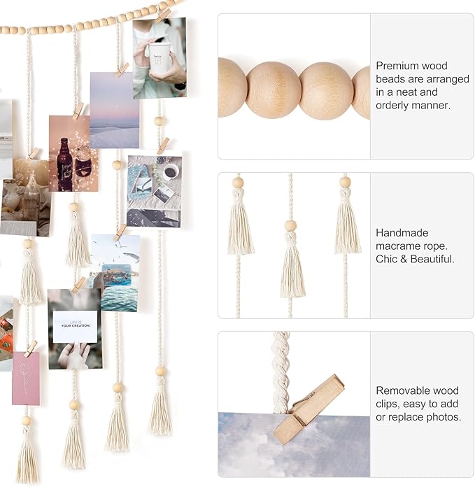 Mkono Macrame Hanging Photo Display Wall Decor with String Lights Boho Room Bedroom Wooden Beads Garland Picture Holder with 30 Clips