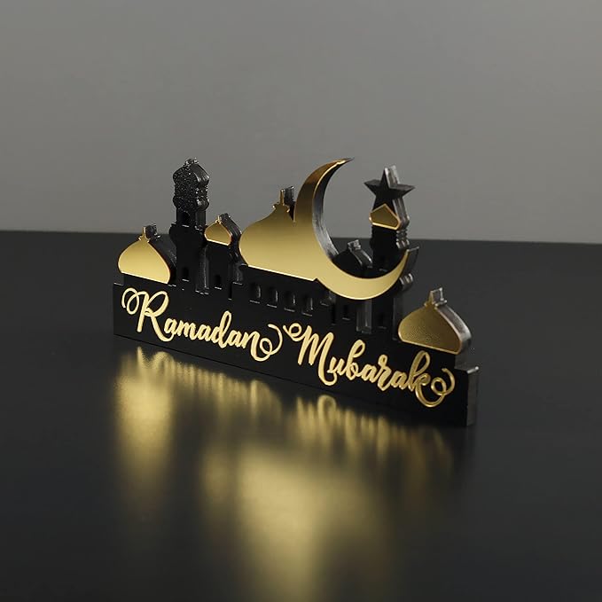 IWA CONCEPT | Wooden Acrylic Islamic Tabletop Decors | Ramadan Kareem and Eid Mubarak Decoration | Islamic Muslim Gifts | Ramadan Eid Decoration | (Ramadan Mubarak, Gold)