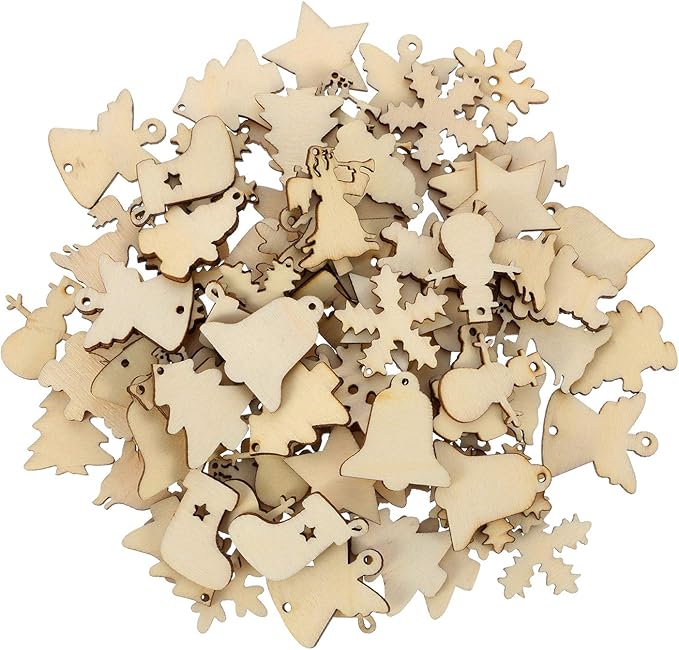 HESTYA 150 Pieces Wooden Ornaments Mini Christmas Theme Natural Wood Slices Decorative Wooden Cutout Slices for Christmas Tree Ornaments Hanging DIY Craft Xmas Decorations