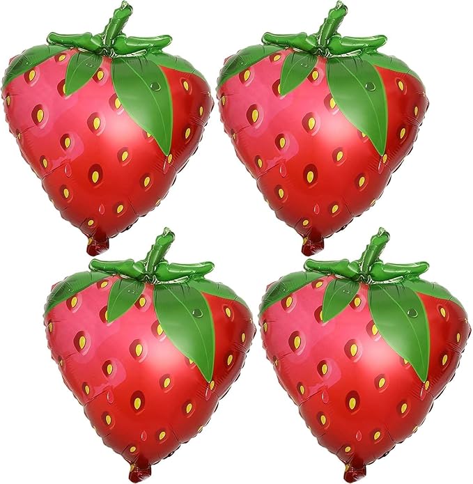 4 Pcs Strawberry Balloons 24 Inch, Fruit Strawberry Balloons Mylar Foil Cute Strawberry Balloons for Fruit Themed Birthday Party Decorations Supplies