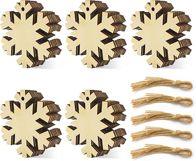 50 Pack Wooden Crafts to Paint Christmas Tree Hanging Ornaments Unfinished Wood Cutouts Christmas Decoration DIY Crafts (Snowflake Cutouts)