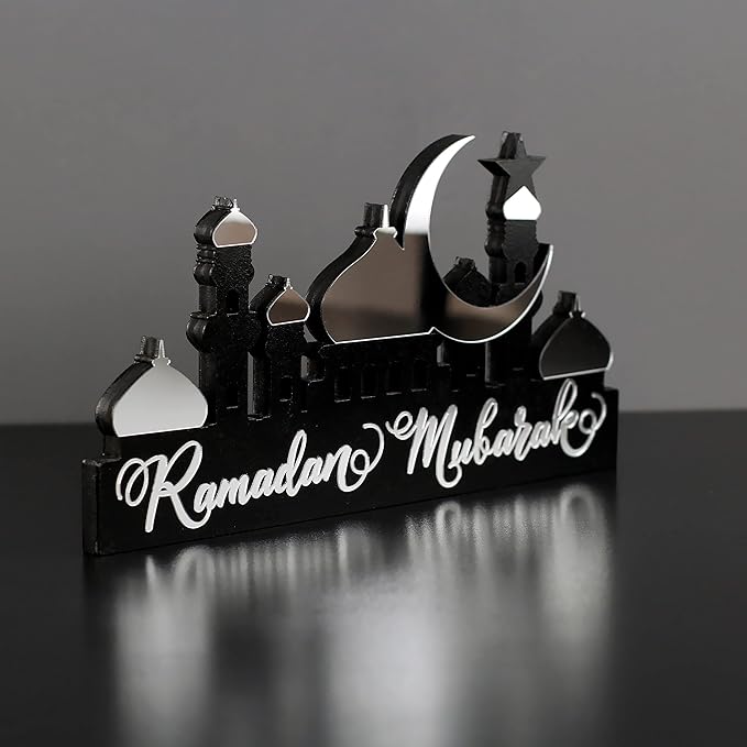 iwa concept | Wooden Acrylic Islamic Tabletop Decors | Ramadan Kareem and Eid Mubarak Decoration | Islamic Muslim Gifts | Ramadan Eid Decoration | (Ramadan Mubarak, Silver)