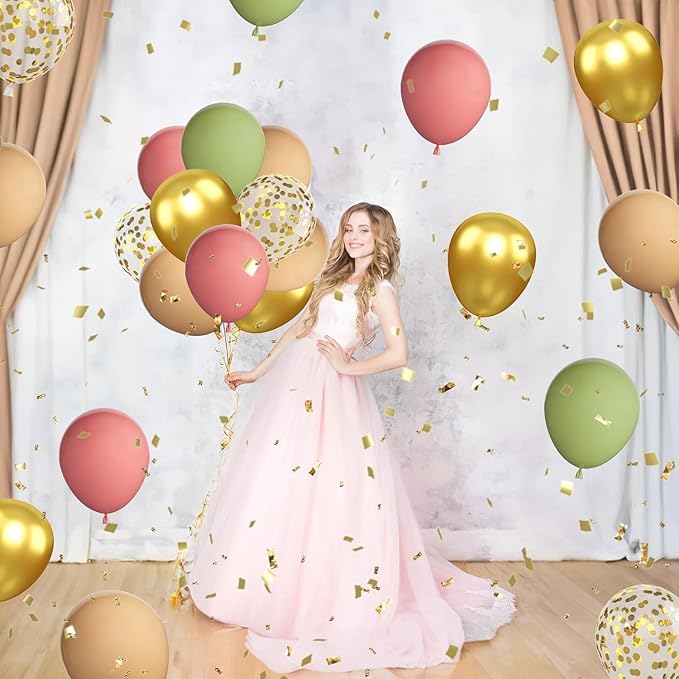 Pink and Sage Green Balloon Set, 60 Pieces Latex and Gold Confetti Balloons for Party Decorations