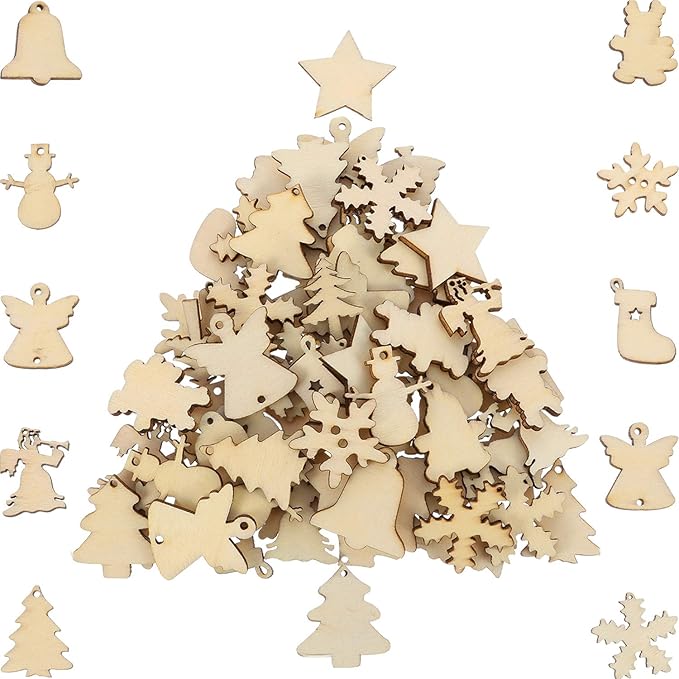 HESTYA 150 Pieces Wooden Ornaments Mini Christmas Theme Natural Wood Slices Decorative Wooden Cutout Slices for Christmas Tree Ornaments Hanging DIY Craft Xmas Decorations