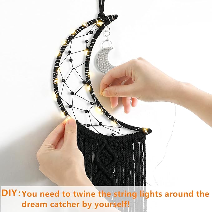 Dremisland Macrame Woven Wall Hanging Moon Dream Catcher- Boho Chic Bohemian Home Decor Wall Art Decor Beautiful Apartment Dorm Room Door Decoration (Moon-Black)