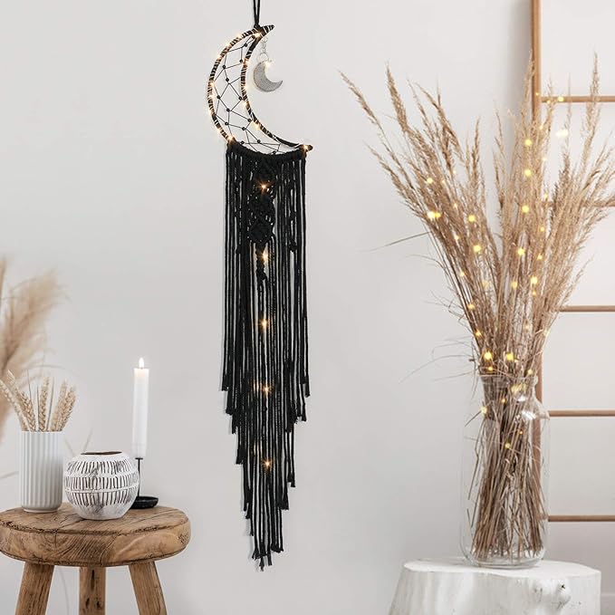 Dremisland Macrame Woven Wall Hanging Moon Dream Catcher- Boho Chic Bohemian Home Decor Wall Art Decor Beautiful Apartment Dorm Room Door Decoration (Moon-Black)