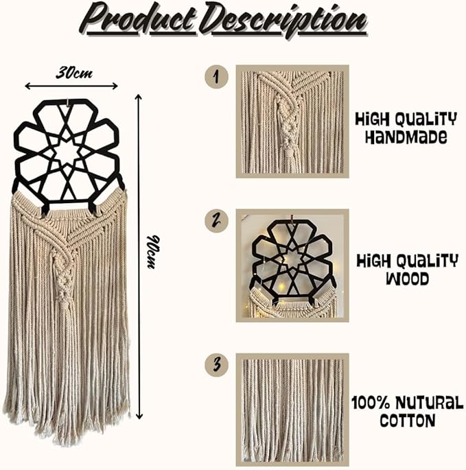 Ramadan Decor Set - Islamic Macramé with 5 Pieces of Natural Cotton Threads and Laser-Cut Wood Featuring Elegant Islamic Patterns