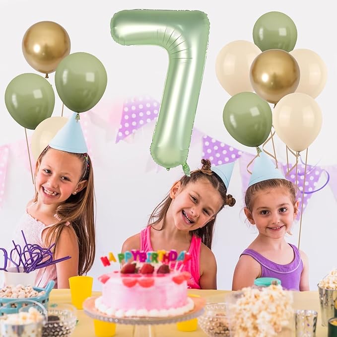 40 Inch Sage Green Number 7 Balloon, Olive Green 7th Birthday Balloons, Retro Sand White Avocado Green Gold Latex Balloons Giant 7 Foil Balloon for Kids Boy Girl 7th Birthday Jungle Party Decorations