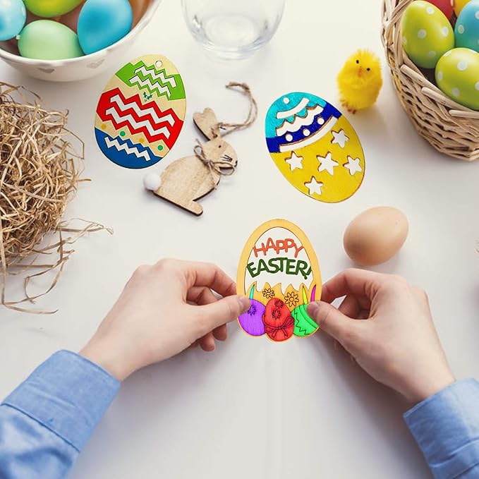 FINROS 50 Pack Easter Egg Wood Slice Ornaments DIY Wooden Egg Shape Crafts Hanging Easter Decorations with Twine for Easter Party Supplies (Egg Cutouts)
