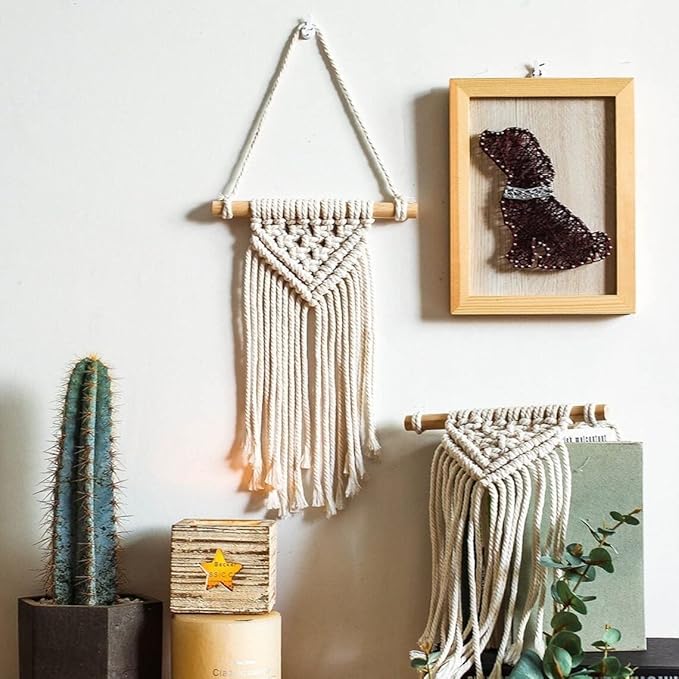 Set Small Macrame Wall Hanging, Mini Macrame Mural, Cotton Yarn Wall Hanging, Bedroom Nursery Wall Art Decor, Bohemian Hygge Home Decoration (Set of 2)