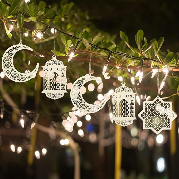 Maitys 2 Sets 6 Pieces Wooden Pendant Kareem Moon Star Wind Light Shape Ornament for Ramadan Mubarak Eid Decorations