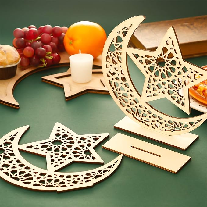 WILLBOND 2 Sets Eid Mubarak Wooden Ornament Ramadan Wood Tabletop Decor Moon Star Hanging Pendant for Ramadan Mubarak Eid Decorations