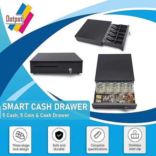 Dotpot Smart Cash Drawer Metal, for Point of Sale (POS) System, 5 Cash/5 Coin, Cash Drawer Multicolor