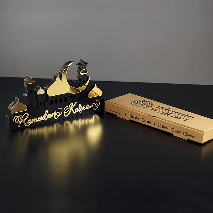 iwa concept | Wooden Acrylic Islamic Tabletop Decors | Ramadan Kareem and Eid Mubarak Decoration | Islamic Muslim Gifts | Ramadan Eid Decoration | (Ramadan Kareem-5, Gold)