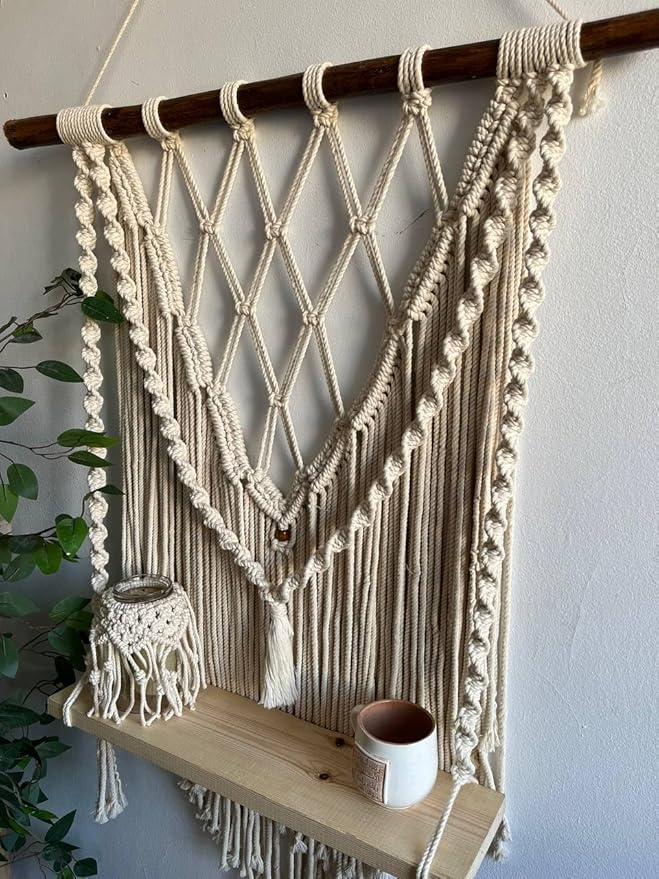 Generic Handmade Macrame Wall Hanging with Wooden Shelf, Off White