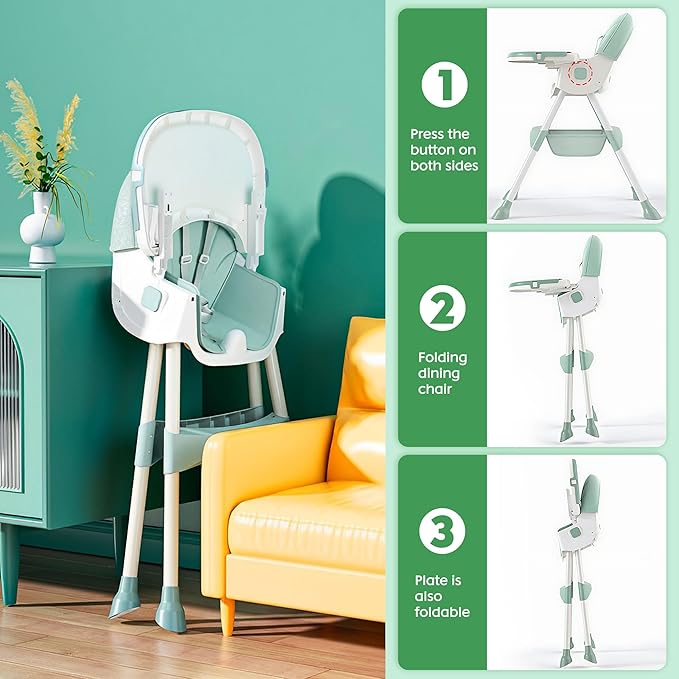 3-in-1 Children's High Chair with Wheels and Tray, Foldable Baby High Chair with Reclining Function, Height Adjustable Backrest, Grows with Children from 0 Months to 6 Years Baby Chair