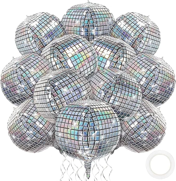 Silver Disco Ball Balloons 12 Pcs 18 Inch – Very Trendy 4D Foil Aluminum Balloons, Perfect for Birthday Party Decorations, Weddings, Bachelorette Parties, Special Events