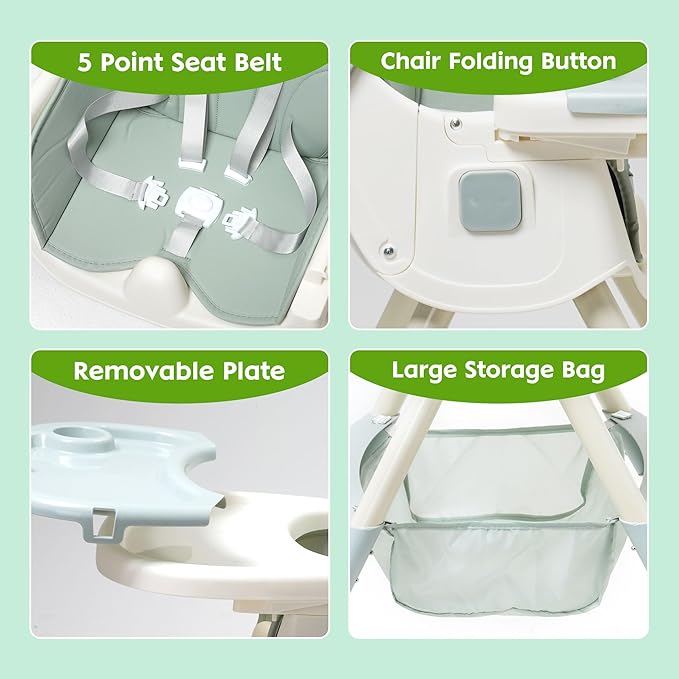 3-in-1 Children's High Chair with Wheels and Tray, Foldable Baby High Chair with Reclining Function, Height Adjustable Backrest, Grows with Children from 0 Months to 6 Years Baby Chair