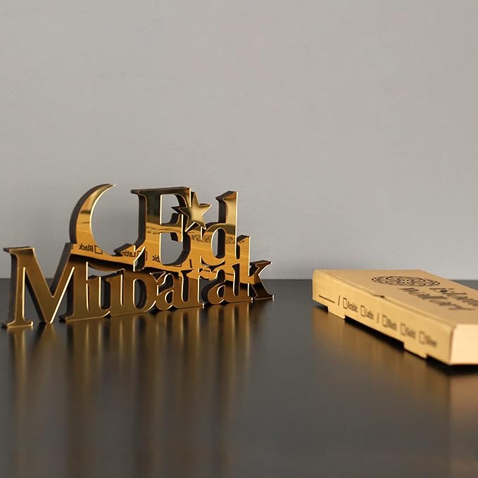 IWA CONCEPT | Wooden Acrylic Islamic Tabletop Decors | Ramadan Kareem and Eid Mubarak Decoration | Islamic Muslim Gifts | Ramadan Eid Decoration | (Eid Mubarak-4, Gold)