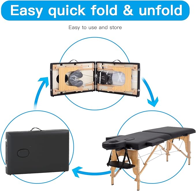 Portable Massage Table Folding with Free Accessories, Wooden/Aluminum 84" Bed 2" Cushion 2/3 Section Massage Spa Bed,Height-Adjustable Salon Bed… (Beech Black 2 Section)