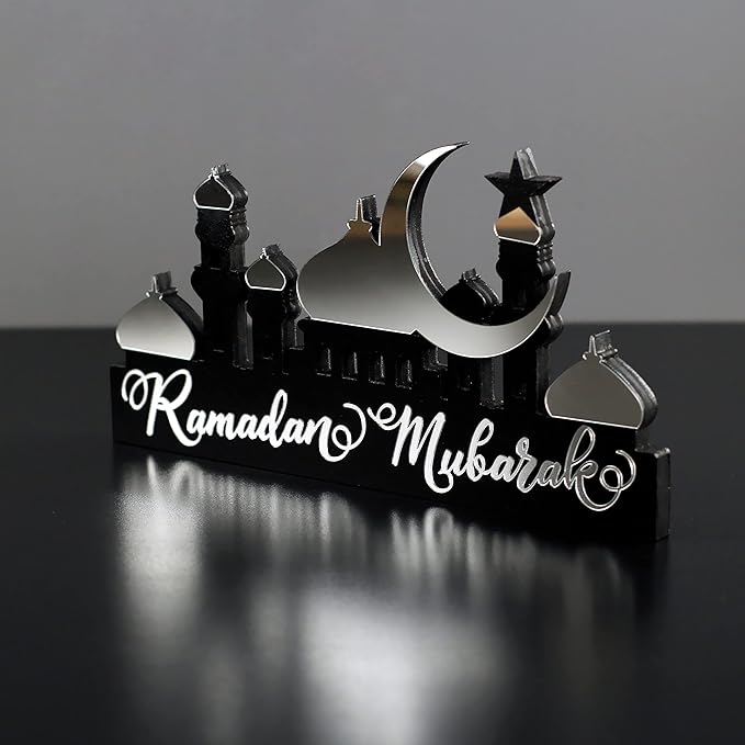 iwa concept | Wooden Acrylic Islamic Tabletop Decors | Ramadan Kareem and Eid Mubarak Decoration | Islamic Muslim Gifts | Ramadan Eid Decoration | (Ramadan Mubarak, Silver)