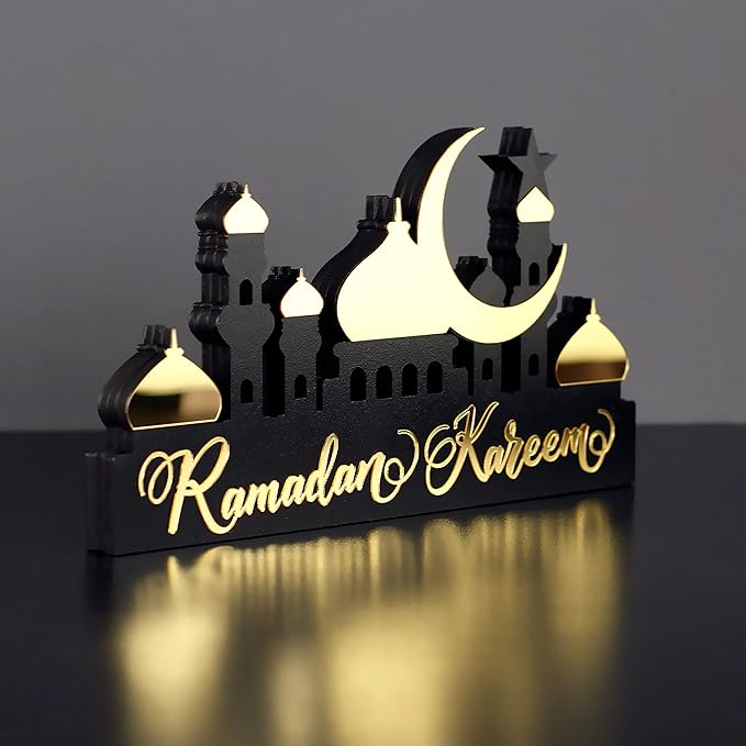 iwa concept | Wooden Acrylic Islamic Tabletop Decors | Ramadan Kareem and Eid Mubarak Decoration | Islamic Muslim Gifts | Ramadan Eid Decoration | (Ramadan Kareem-5, Gold)